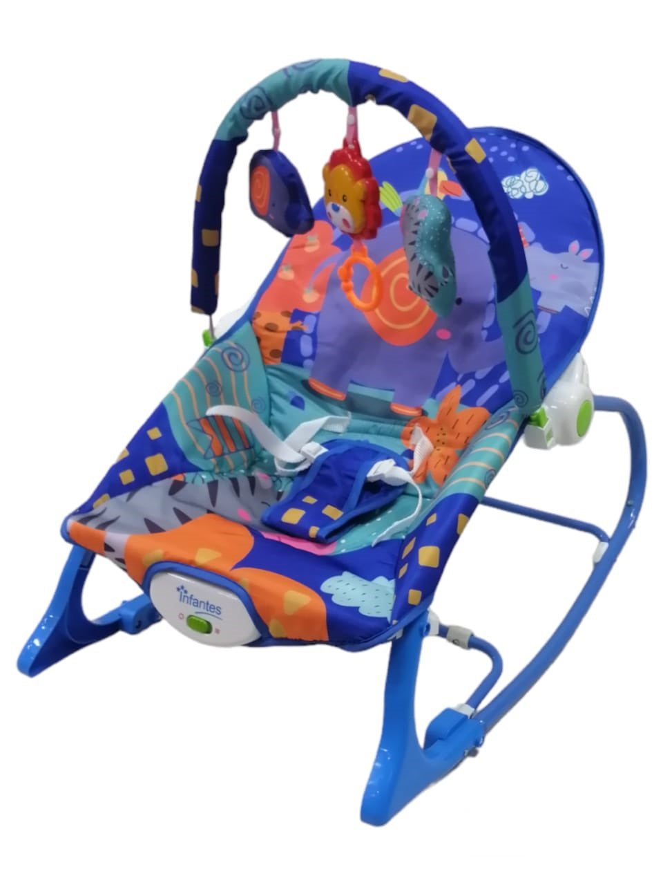 Colorful baby swing with cartoon designs on a white background