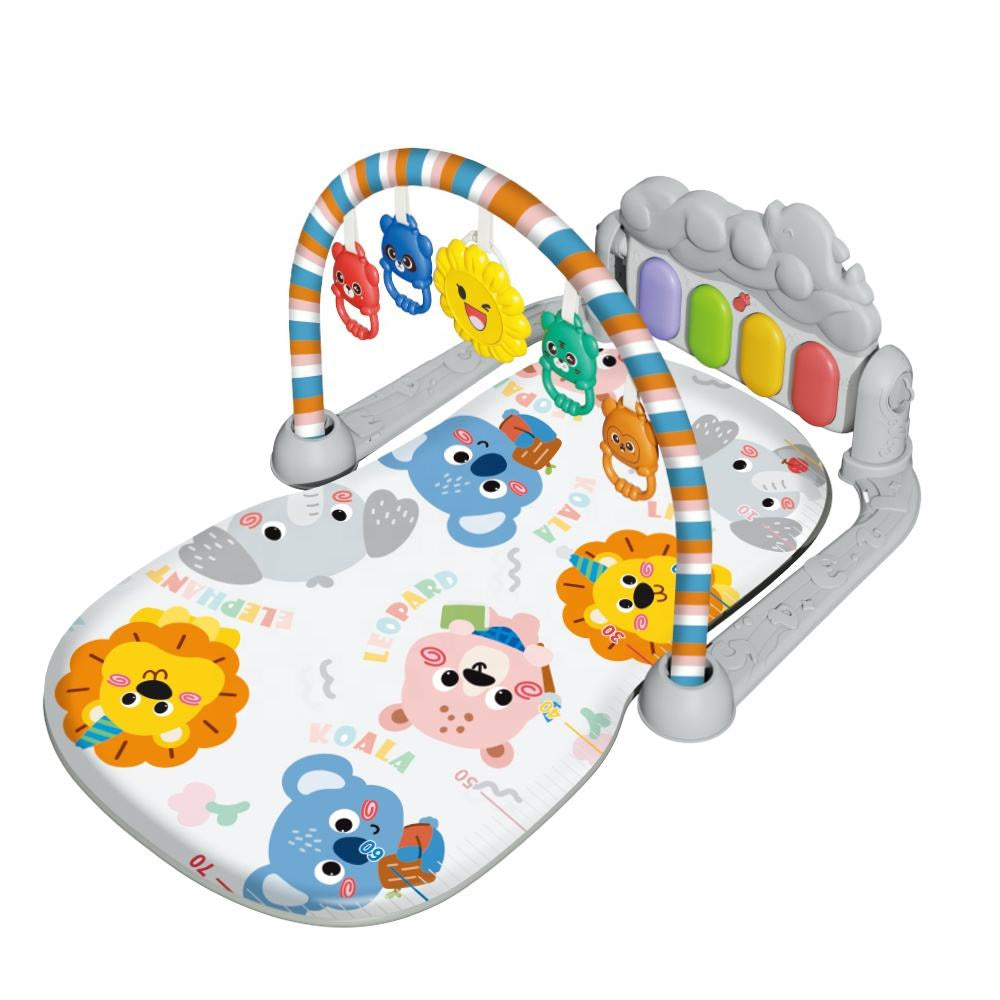 Baby play mat with colorful animal designs on a white background